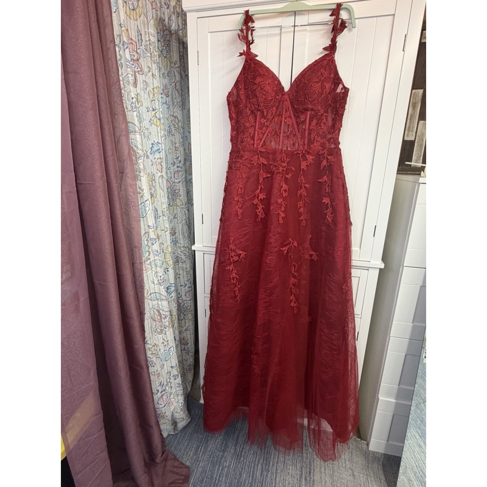 Red Lace Corset Applique Tulle Dress Gown Slit Strapless Prom Wedding Homecoming